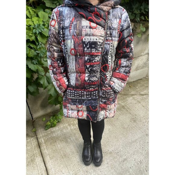 Simply Art Dolcezza Long Red Jacket Coat Large Abstract Pattern Jacket Canadian - Picture 1 of 14